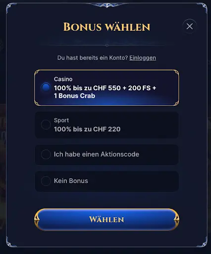 Bonus wählen – Casino oder Sportbonus auswählen Bonusauswahl mit Casino- und Sportbonusoptionen