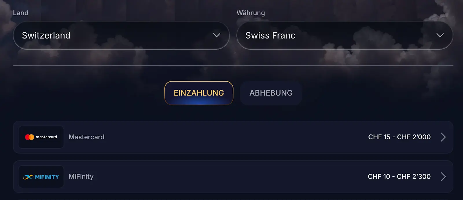 “Cazeus Einzahlungsmöglichkeiten” “Einzahlung mit Mastercard und MiFinity in Schweizer Franken”