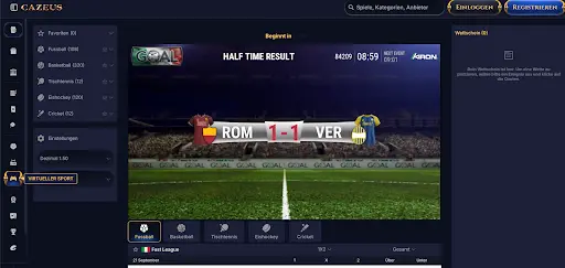“Virtueller Sport bei Cazeus” “Virtueller Sport mit Halbzeitergebnis Rom gegen Verona 1-1”