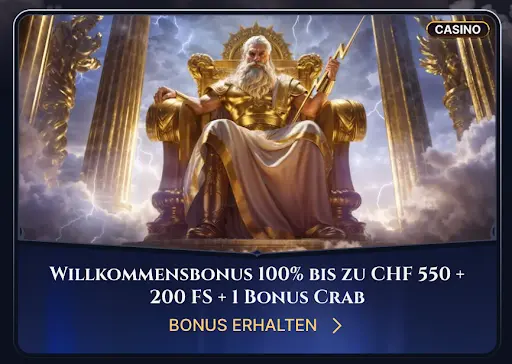 „Willkommensbonus bis zu CHF 550 und Freispiele im Cazeus Casino“ „Zeus sitzt majestätisch auf einem Thron mit Blitz in der Hand – Cazeus Willkommensbonus Promotion“