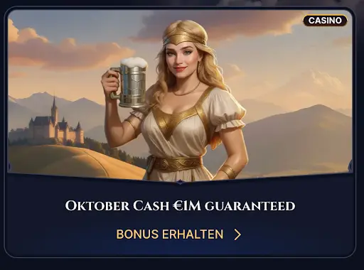 „Oktober Cash Aktion mit garantierten Gewinnen im Cazeus Casino“ „Illustration einer Frau in traditioneller Kleidung mit Bierkrug in der Hand – Oktober Cash Aktion im Cazeus Casino“