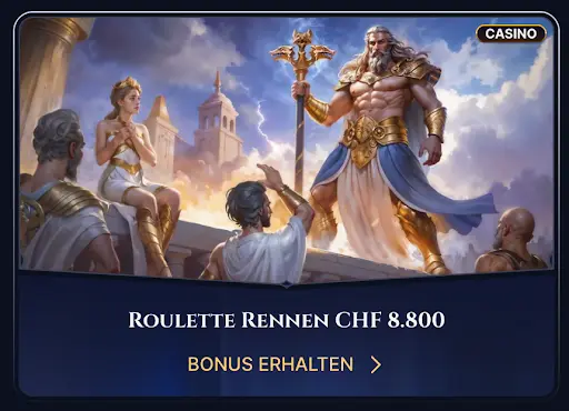 „Roulette Rennen mit Preisgeld von CHF 8.800 im Cazeus Casino“ „Zeus steht mit Szepter zwischen Göttern vor antikem Palast – Roulette Rennen Aktion“