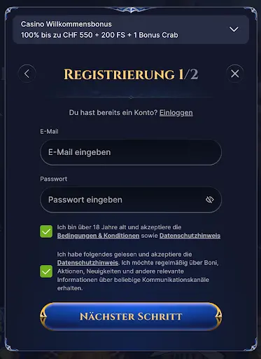 Registrierung Schritt 1 – E-Mail und Passwort eingeben Registrierungsformular Schritt 1 mit Eingabe von E-Mail und Passwort