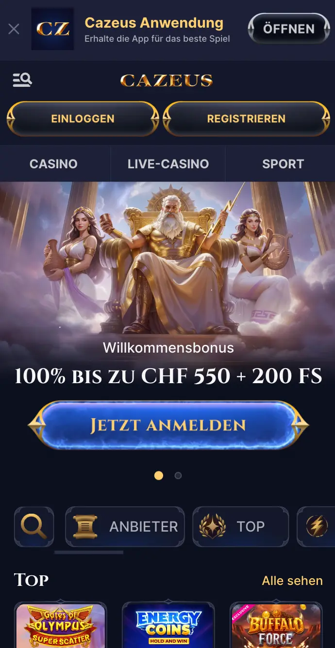 “Cazeus Casino 100% Bonus bis 550 CHF + 200 Freispiele” “Cazeus Startseite mit Willkommensbonus”