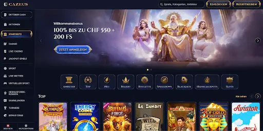 “Cazeus Startseite mit Willkommensbonus” “Casino Willkommensbonus 100% bis 550 CHF und 200 Freispiele”