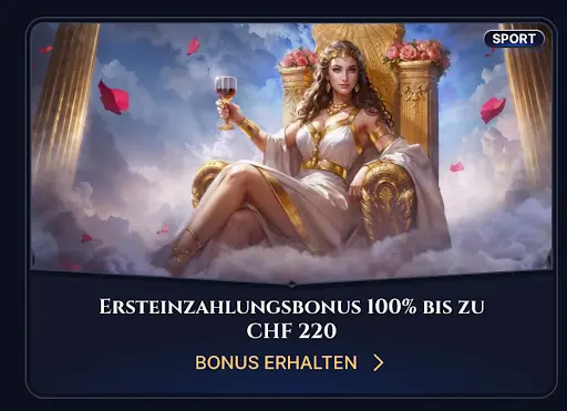 „Ersteinzahlungsbonus bis zu CHF 220 für neue Spieler“ „Griechische Göttin in goldener Robe hält Weinkelch – Ersteinzahlungsbonus im Cazeus Casino“